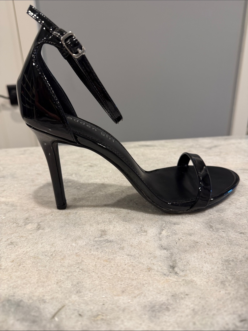 Steve Madden Black Patent Ankle-Strap Stiletto Sandal